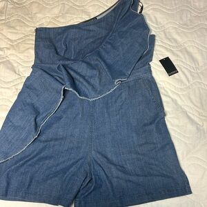 Denim romper with asymmetrical